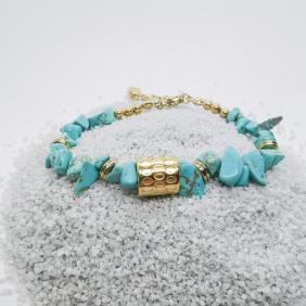 Bracelet en pierre de turquoise véritable & acier inoxydable doré