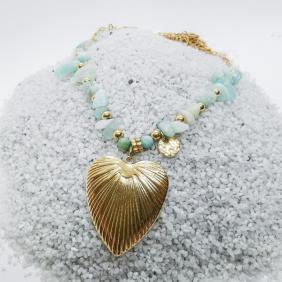 Collier coeur acier inoxydable doré & Perle en pierre d'amazonite