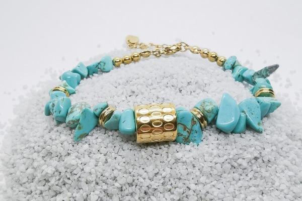 Bracelet en pierre de turquoise véritable & acier inoxydable doré