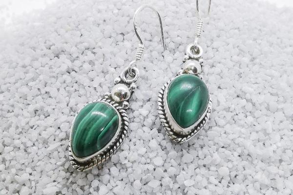 Boucles d'oreilles en  Argent 925 & Malachite en forme de goutte inversée