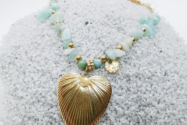 Collier coeur acier inoxydable doré & Perle en pierre d'amazonite