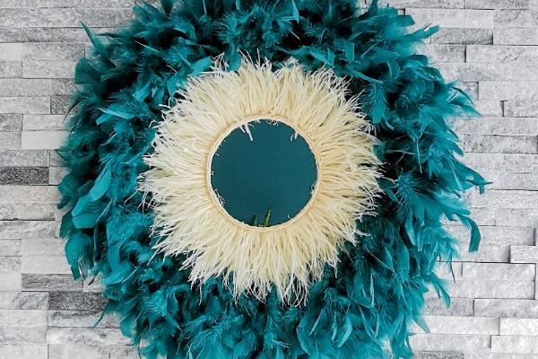 Décoration d'interieur Juju Hat miroir en plume Baléares bleu canard & blanc cassé