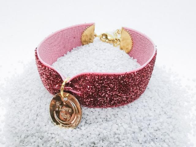 Bracelet ruban pailleté rose & médaillon i love you