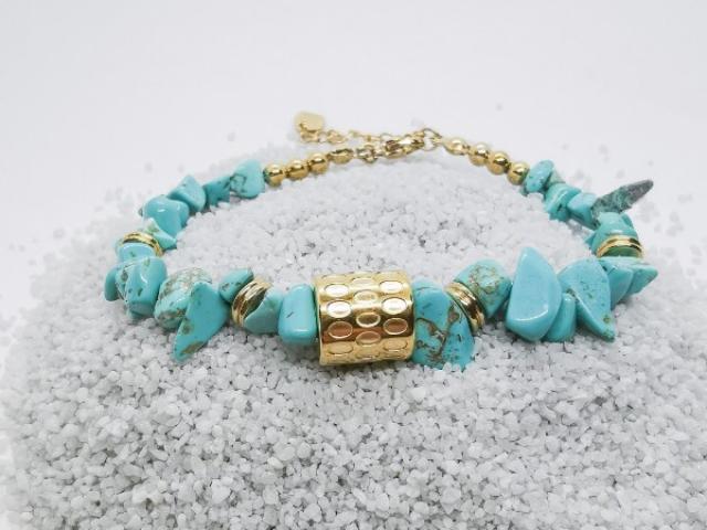 Bracelet en pierre de turquoise véritable & acier inoxydable doré