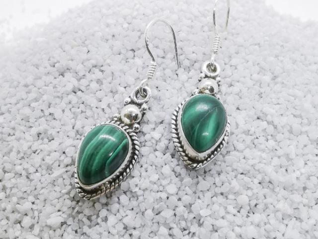 Boucles d'oreilles en  Argent 925 & Malachite en forme de goutte inversée