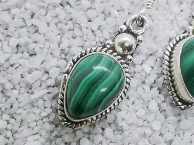 Boucles d'oreilles en  Argent 925 & Malachite en forme de goutte inversée