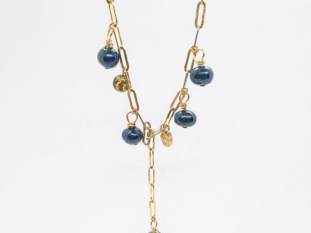 Collier création Perles d'eau douce bleues & chaine à maillons doré acier inox