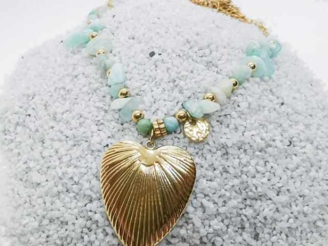 Collier coeur acier inoxydable doré & Perle en pierre d'amazonite