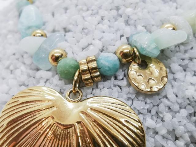 Collier coeur acier inoxydable doré & Perle en pierre d'amazonite